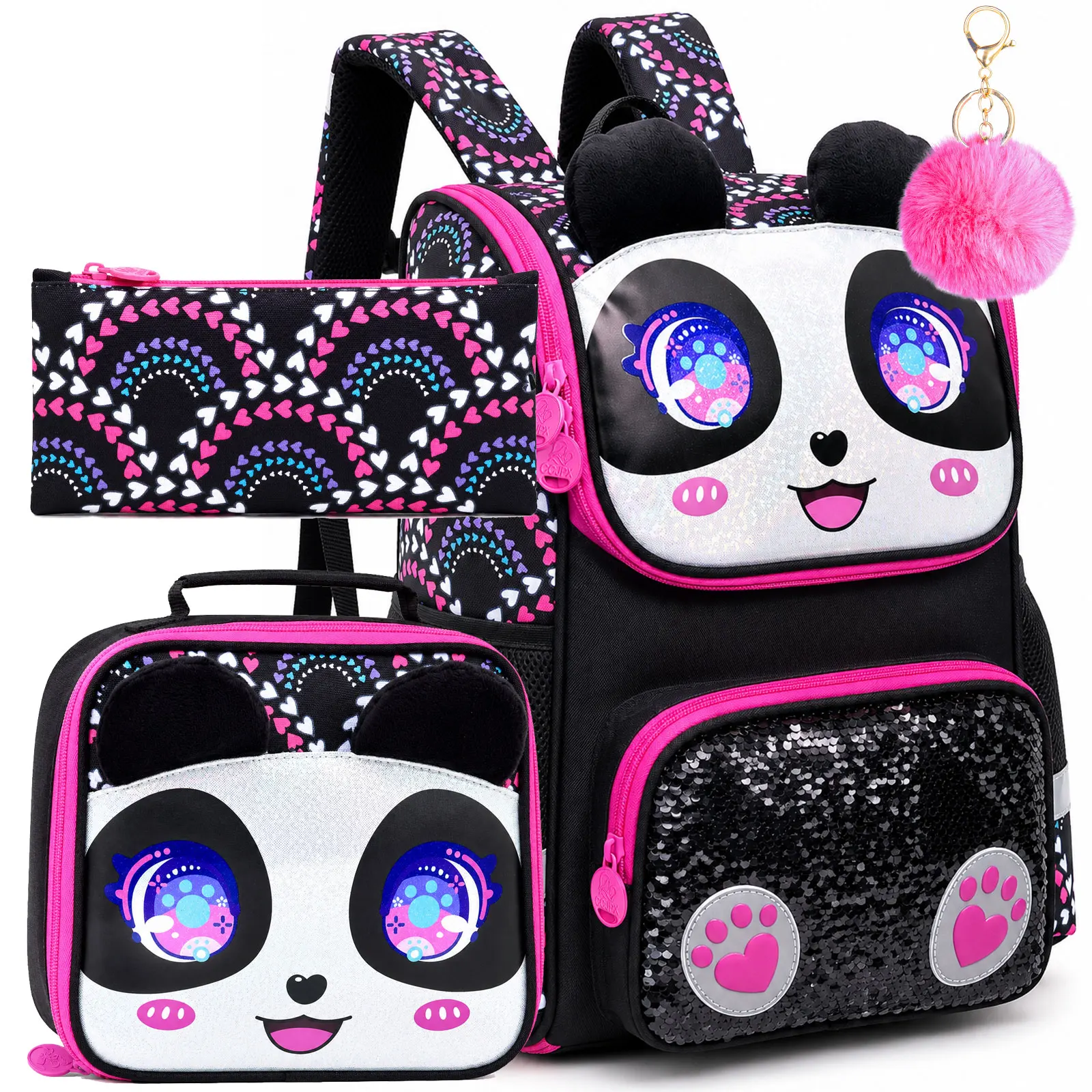 3Pcs Kids Backpack Set Cute Panda Cartoon School Bag Sequins Rainbow Heart Print with Lunch Bag Pencil Case Lightweight Bookbag