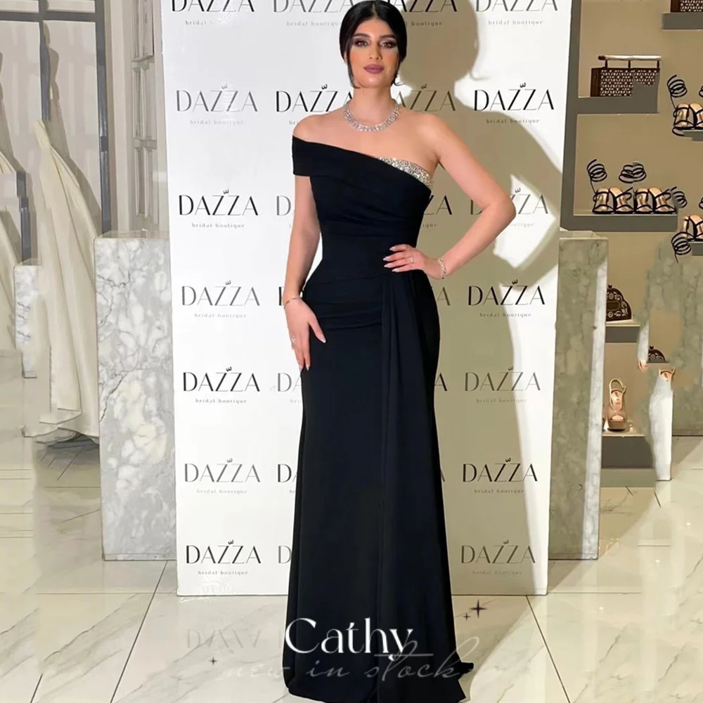 Cathy Elegant Straight Prom Dress 2023 Black Mate Silk Evening Dress Sexy One Shoulder فستان سهرة Glitter Chest Party Dresses