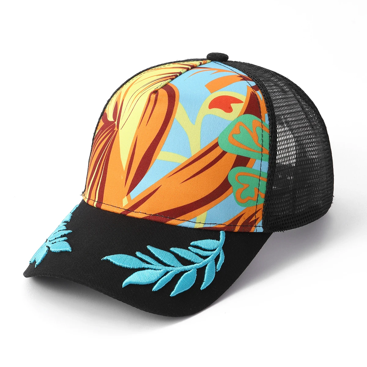 Tropical Pattern Mesh Color, Richly Colored Embroidered Leaf Baseball Cap. Suitable for Men and Women, Beach, Outdoor Activities