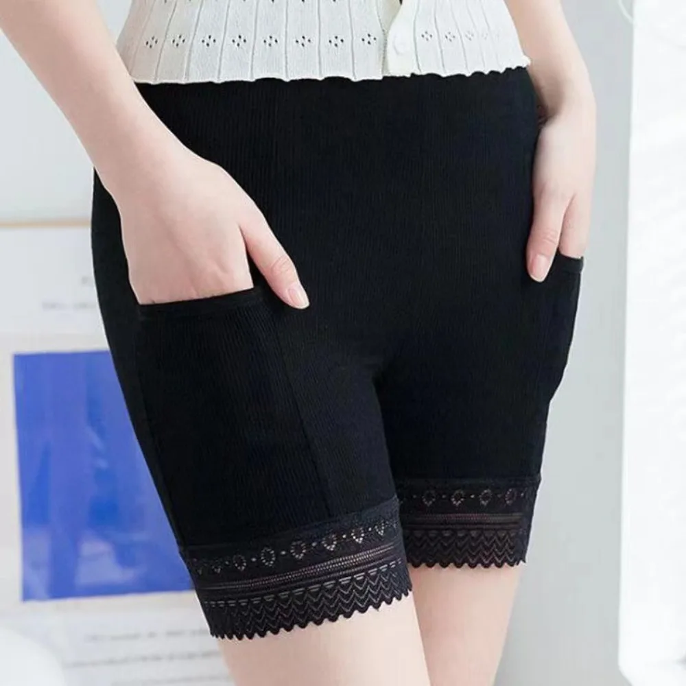 Patchwork Lace Safety Pants with Pocket Slim Fit Mid Waist Summer Lace Safety Shorts Solid Elastic Lace Anti-glare Pants Lady