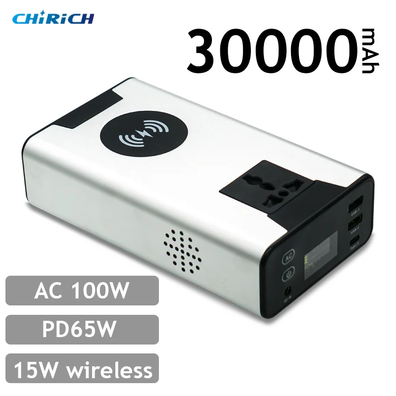 30000mAh 100W Power Bank Station 220V PD65W Powerful Emergency Power Supply Wireless External Battery For Laptop Outdoor Camping