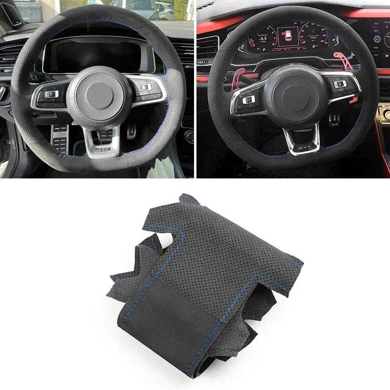 For VW Golf 7 GTI Golf R MK7 Polo Scirocco 2015 2016 Hand-sewing Car Steering Wheel Suede Perforated Leather Cover blue line