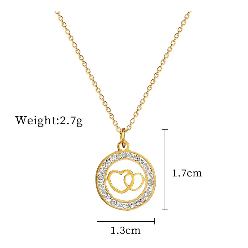 18K Gold Plated Double Ring Love Heart Pendant Necklace For Women Full Zircon Titanium Steel Necklace Lover Couple Gift