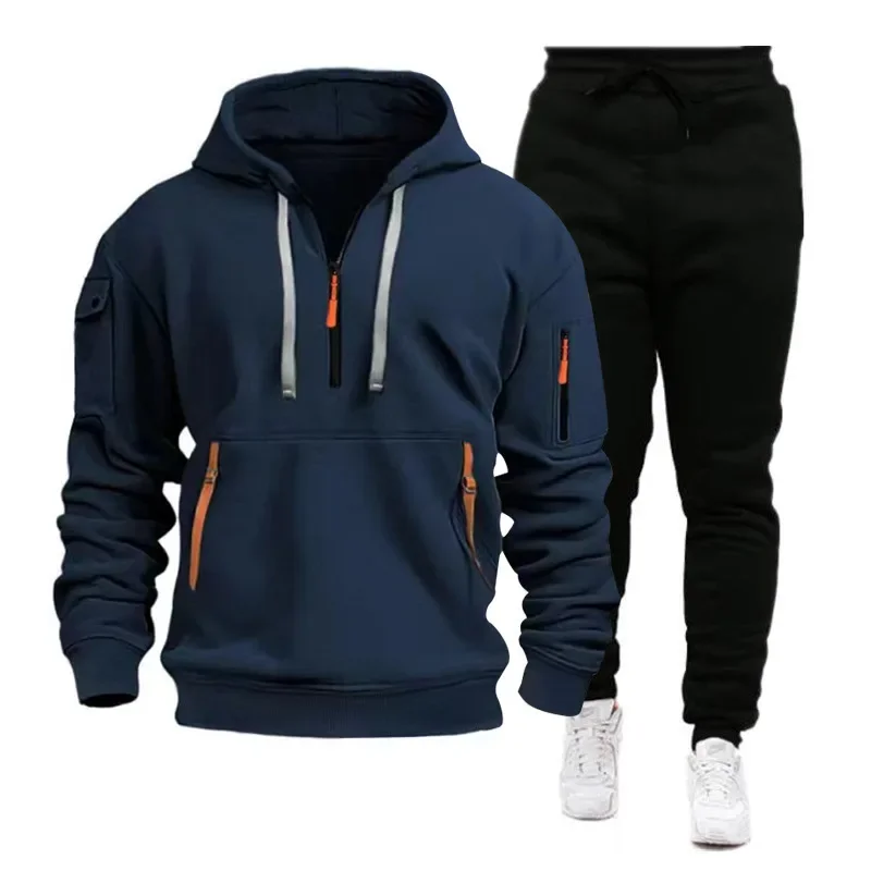 O novo conjunto masculino de 2025 apresenta roupas superiores e inferiores confortáveis e de alta qualidade, roupas esportivas com zíper com vários bolsos para homens, s