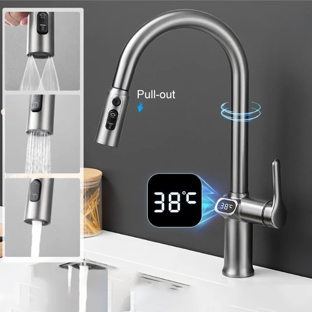 For Kitchen Use Pull-down Faucet LED Display Faucet Cooking Preparation Water Temperature Display Hot And Cold Water Control