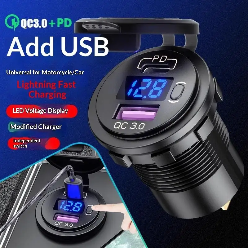 

USB C Car Charger Socket 12V/24V Dual USB Socket PD3.0 QC3.0 Car USB Port With LED Voltmeter And On/Off For Motor Boat Truck