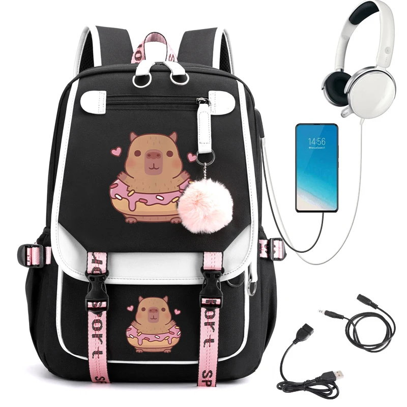 Cute Capybara Donut Mochila Escolar para Adolescente, Student Schoolbag, Anime Bagpack, Carregamento USB, Adolescentes Bookbag, Tendência