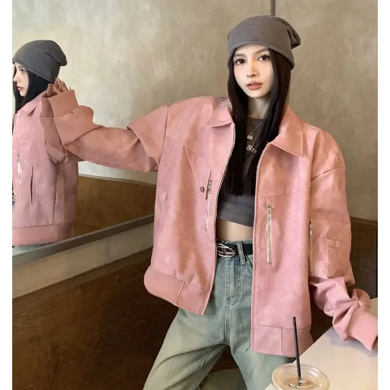 المرأة عادية بولي Coat معطف جلد ، الكورية ، الأمريكية ، Vintage ، فضفاضة ، التلبيب ، دراجة نارية ، الإناث ، ميناء الموضة ، جديد ، الخريف ، 2023