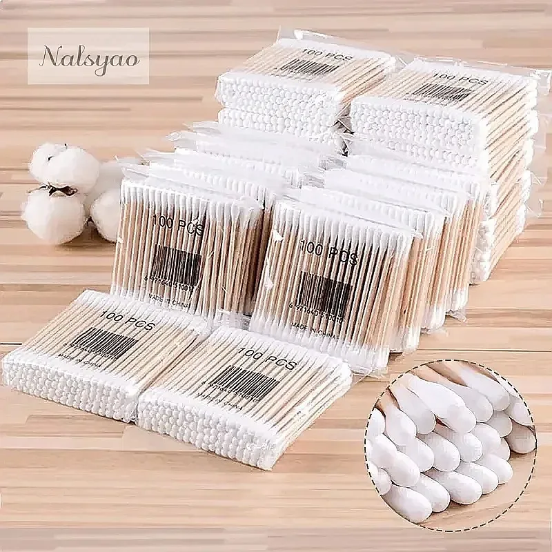 500pcs Double Head Wood Cotton Swabs for Nose Ears Cleaning Women Makeup Tools Cotton Buds Tip Sticks