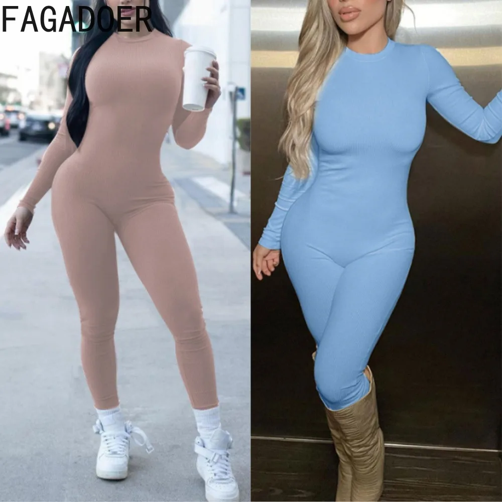 

FAGADOER Sports Ribbing Bodycon Jumpsuits Women Solid Color Long Sleeves Rompers Joggers Sportswear Autumn Fashion Overalls 2025