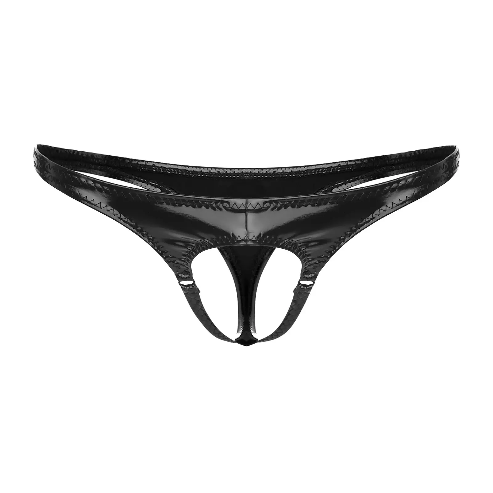 Mens Lingerie Hollow Out Front Thong Wet Look Patent Leather G-String Underwear Low Rise Elastic Waistband T-back Underpants