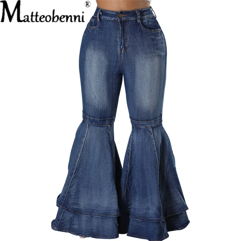 جينز نسائي متنوع غير رسمي شكل متوهج كبير بنطلون جينز نسائي ضيق واسع الساق أزرق مغسول من قماش الدنيم بنطلون قطني متمدد