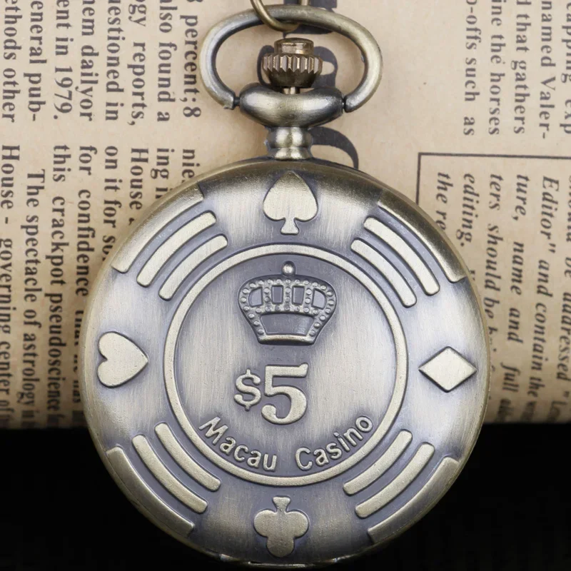Macau Casino Thema Vintage Brons Quartz Zakhorloge Met Ketting Hanger Voor Mannen En Vrouwen Relojes De Bolsillo