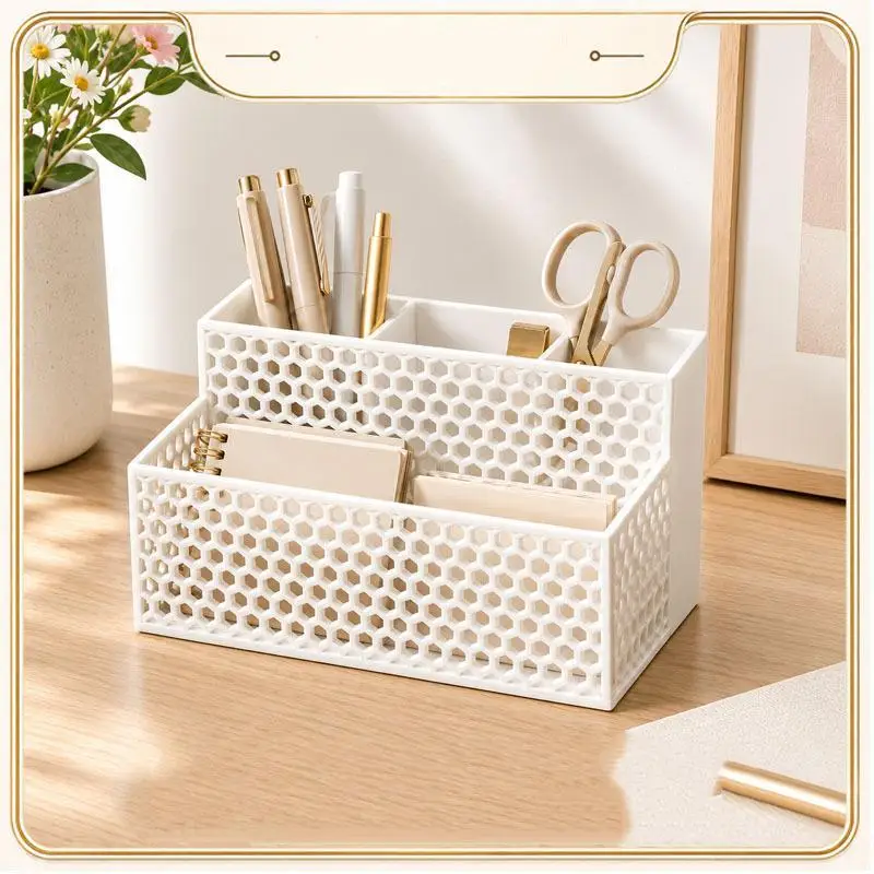 Hollow 3D Printed Desk Organizer, Double-Layer Large Capacity Storage Box and Pen Holder for Desk Supplies