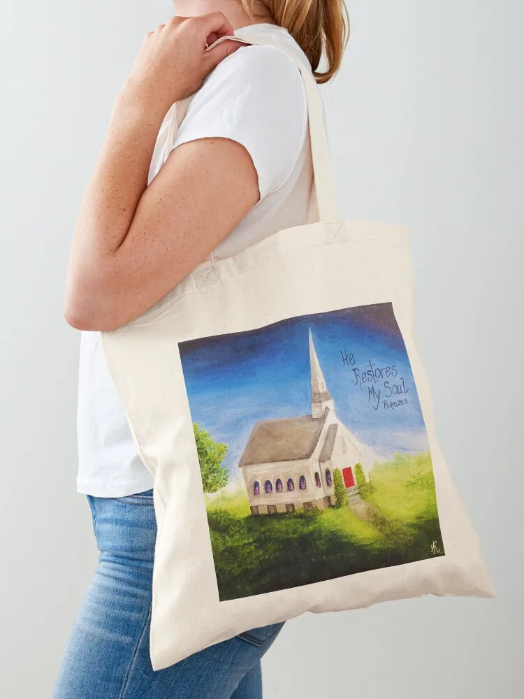 

He Restores My Soul Old Church Tote Bag Customizable tote bag free delivery bags handbag women bag