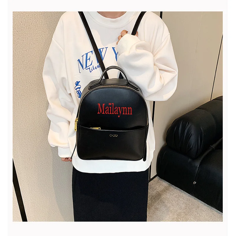 Embroidered Name Women\'s Retro Backpack PU Soft Leather Casual Outdoor Backpack Fashionable and Simple Backpack