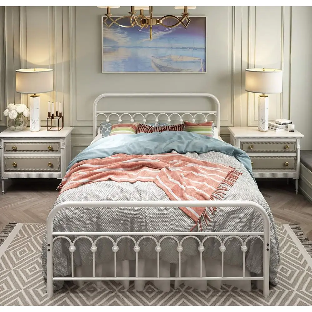 Vintage Queen Metal Bed Frame with Wrought Iron Headboard, Footboard, and Platform Base (White)