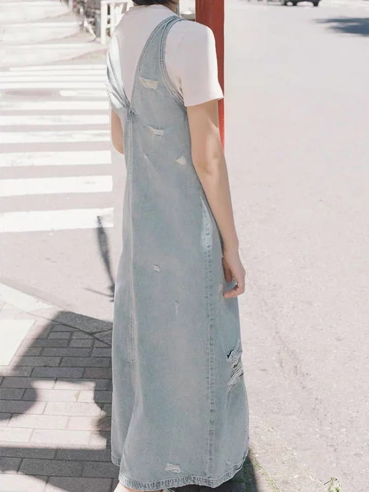 Novo vestido f de verão e sem mangas rasgado alça de ombro com decote em v vestido jeans na moda traje de palco...