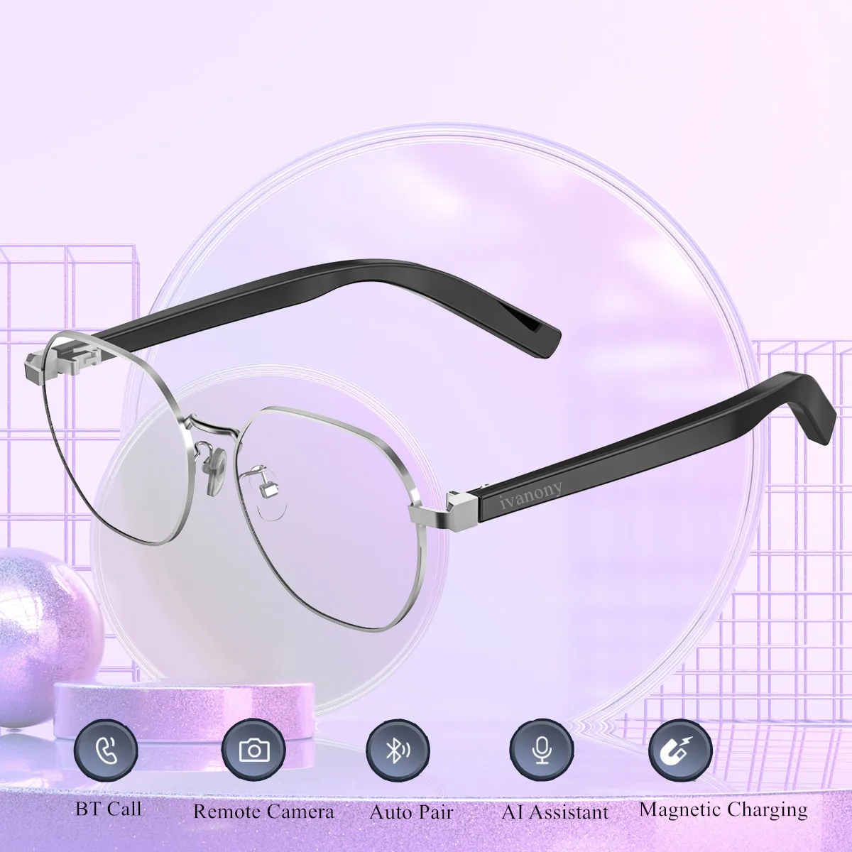 

Smart Glasses Translate Language Hands Free Calling Voice Assistant AI Intelligent Translation Silver Frame Smart Glasses Man