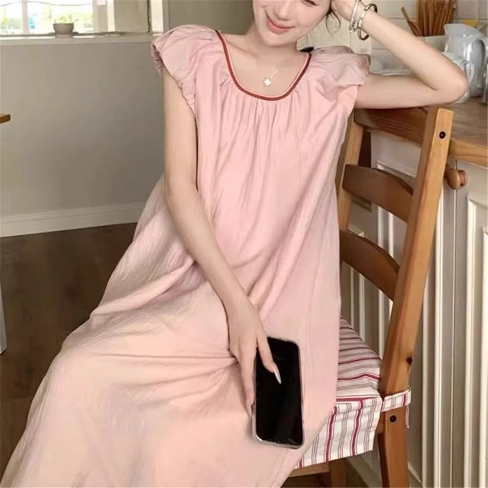فستان نوم قطني مثير للنساء فستان صيفي ربيعي للمنزل برقبة دائرية بدون أكمام ملابس نوم طويلة