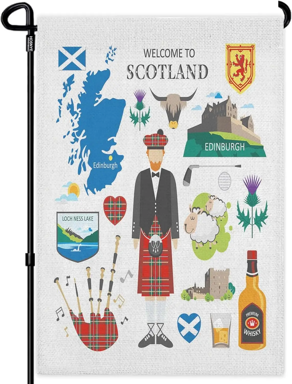 HOSNYE Welcome to Scotland Garden Flag 12x18 Inch Vertical Double Sided Travel Collection Scotsman Kilt Icon Map Thistle Garden