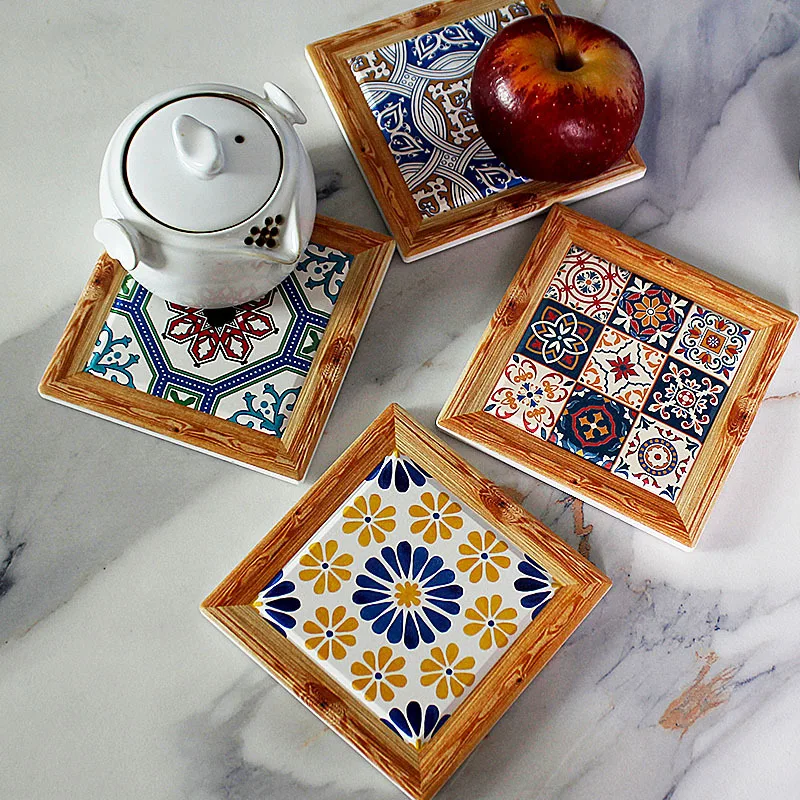 Bohemian Square Vintage Insulated Mat Floral Tile Ceramic Coffee Coaster Table Decoration Ornament Dropshipping