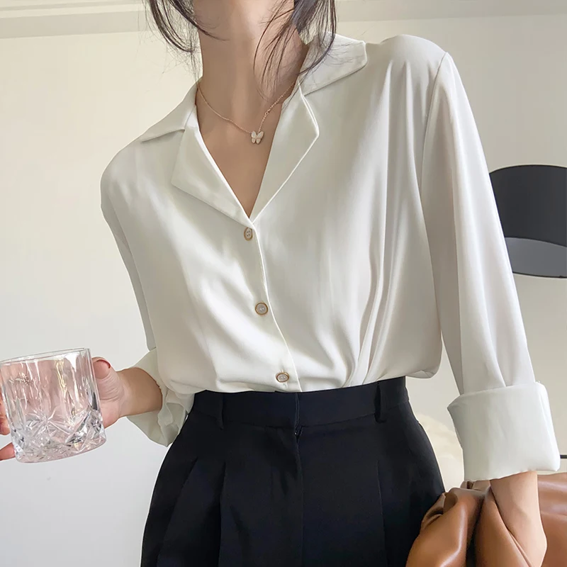 French Style Turn Down Collar Chiffon White Shirt Spring Professional Commuting Formal Tops Elegant Solid Color Blouse Blusas