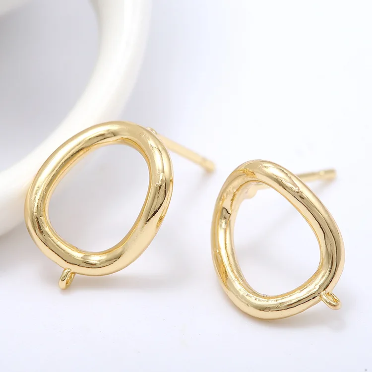 14k Gold Color Brass Earring Making Supplies Latest Design Oval Hollow Shape Stud Earrings Hook Jewellery Findings