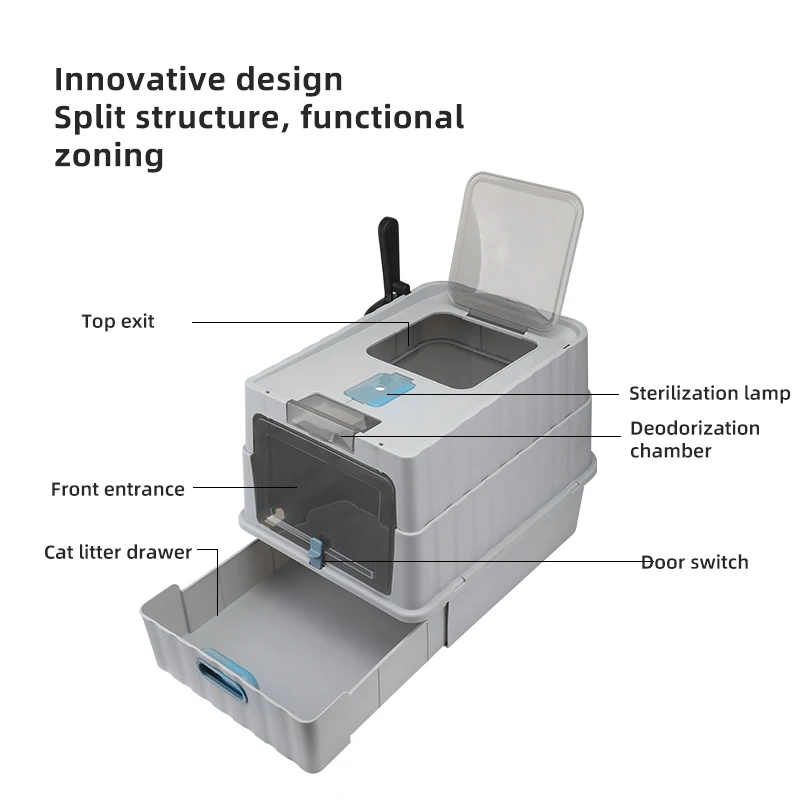1 قطعة حجم كبير جدًا صندوق نفايات القطط المغلقة بالكامل مضاد للرذاذ خاص لتنظيف مرحاض القطط للقطط