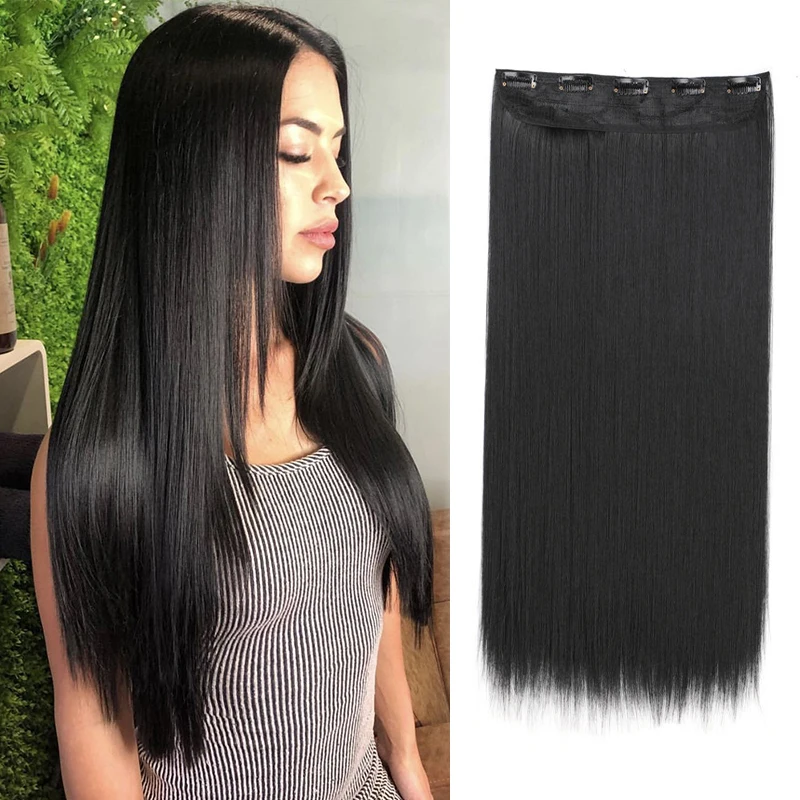 

24Inch Synthetic Long Straight Clip In One Piece Hair Extension 5 Clips False Heat Resistant Hairpiece for Women