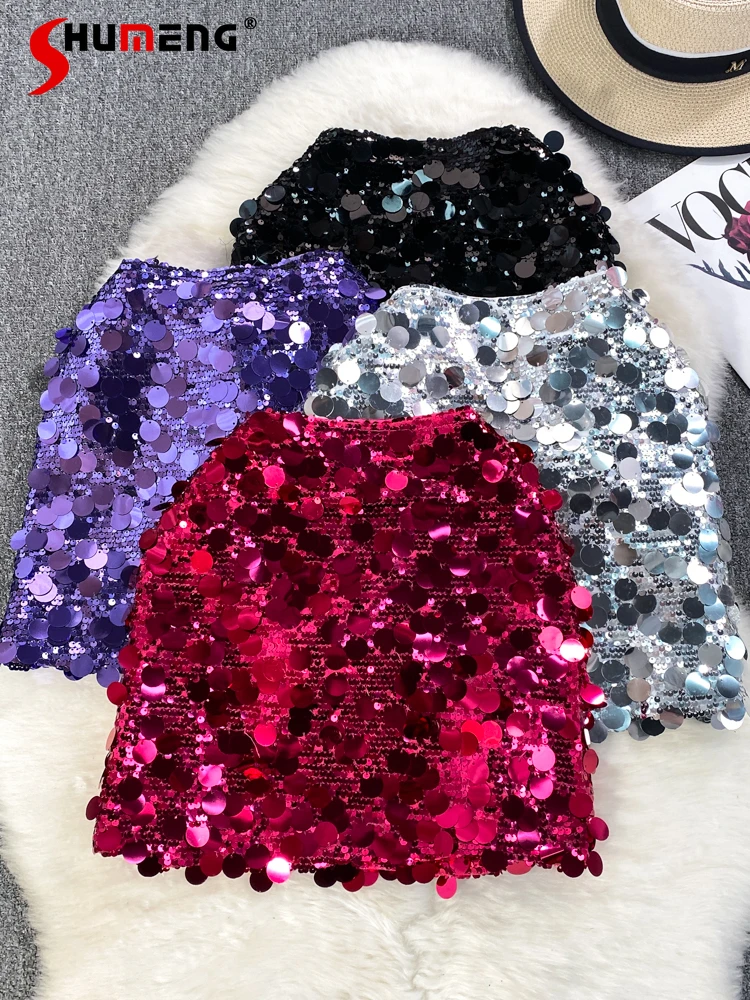 Fashionable Sequins Skirts for Women 2023 Summer New High Waist A- Line Mini Skirt Hot Girl Style Elastic Waist White Skirt