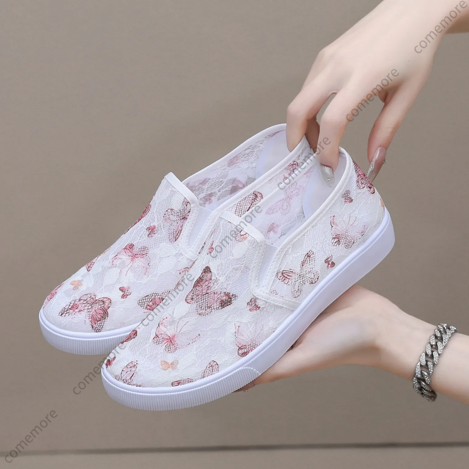 Fashion Embroidery Loafers Shoes for Women 2025 Summer Breathable Mesh Platform Sneakers Woman Slip On Casual Flats Shoes