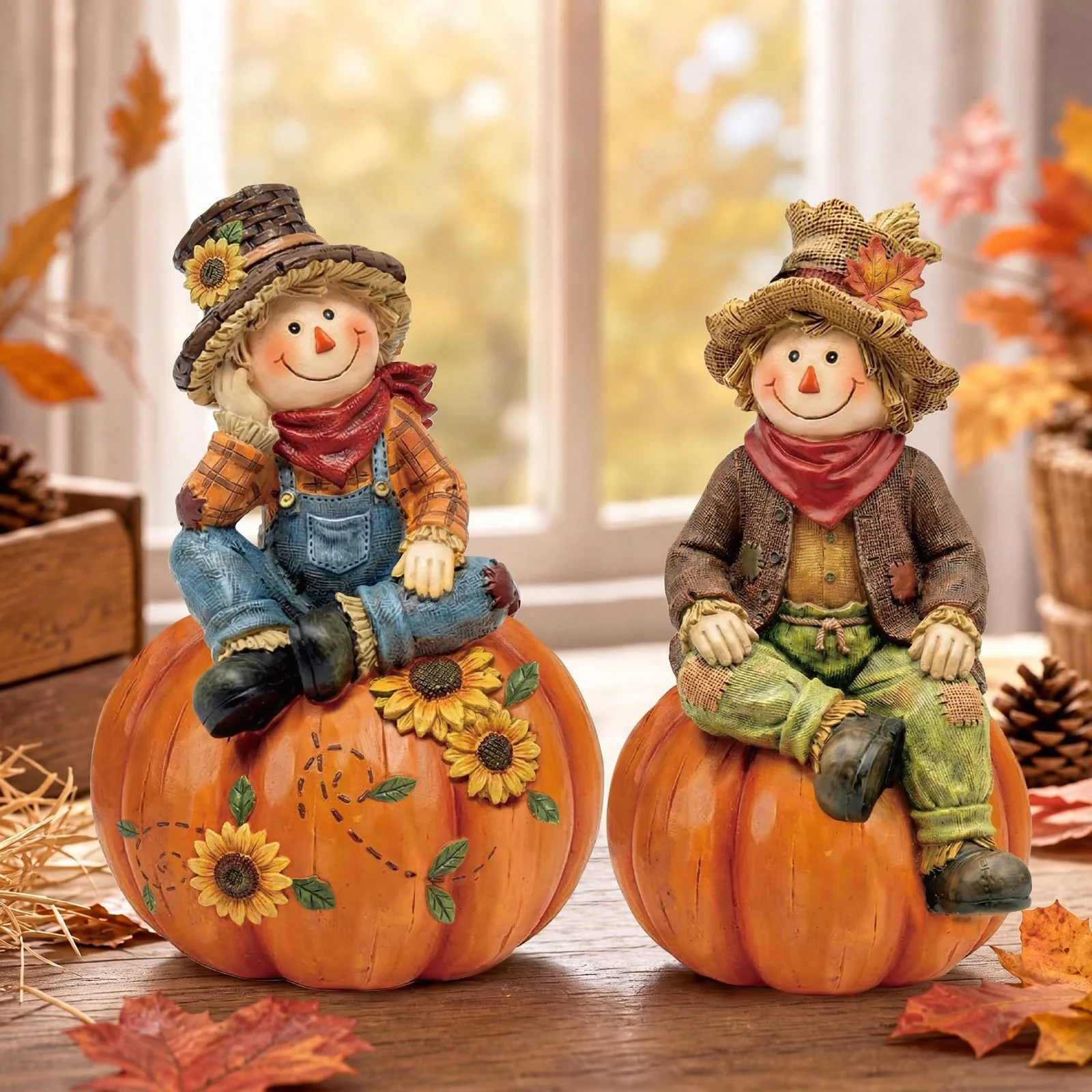 Herbstliche Erntedekoration: Kürbis-Vogelscheuche, 2-teiliges Set, Thanksgiving-Sonnenblume, Ahornblatt, Heim- und Schreibtischdekoration – Detail 2