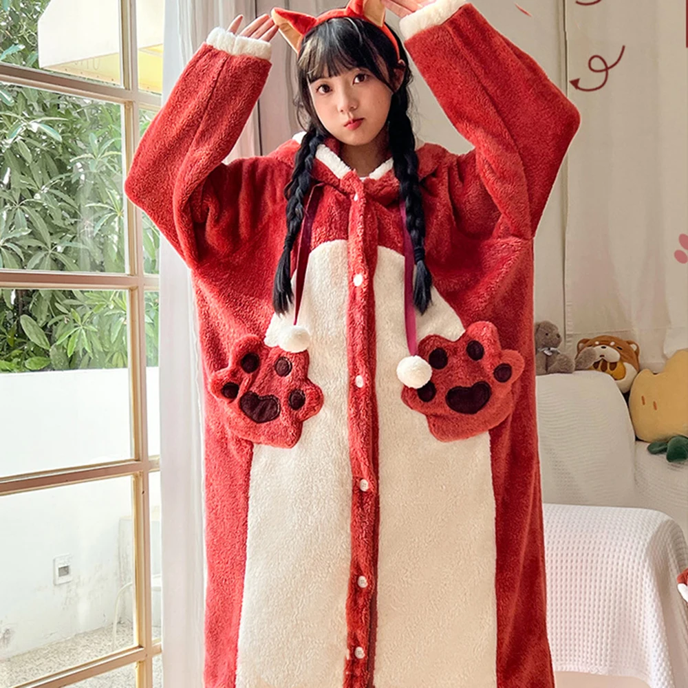 Cartoon Animal Hooded Pajamas Dress Kawaii Women Coral Fleece Dressing Gown Night-Robe Soft Long Sleeve Homewear Warm Sleepshirt