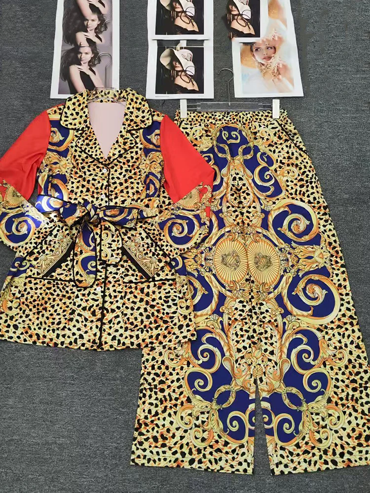Camisa de pijama com gravata estampada retrô do designer conjunto de duas peças para outono 2025 roupas femininas + calças soltas de pernas largas conjunto de moda