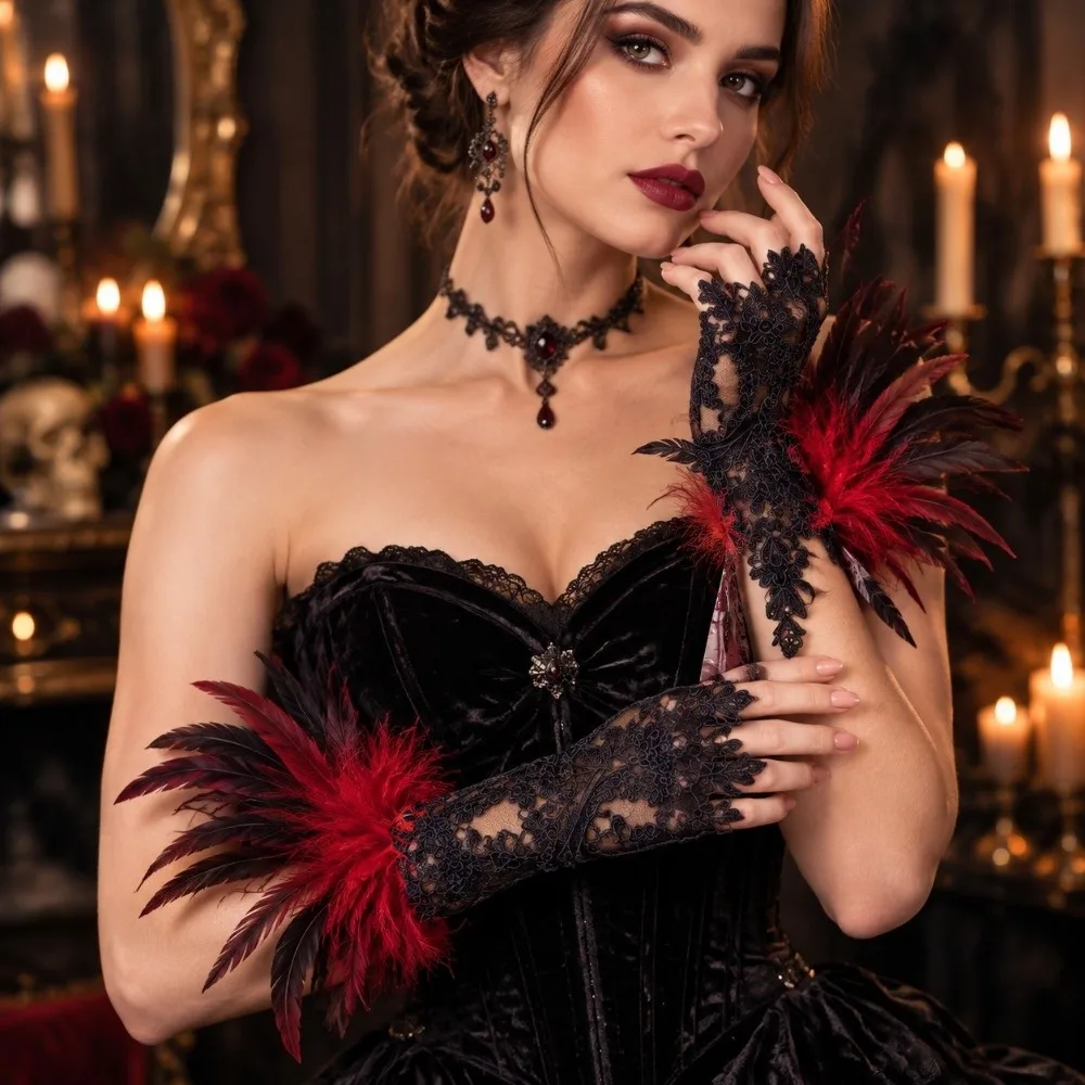 Wristband Halloween Feather Gloves Retro Gothic Feather Lace Glove Embroidery Dark Women Halloween Cuffs Wrist Accessories