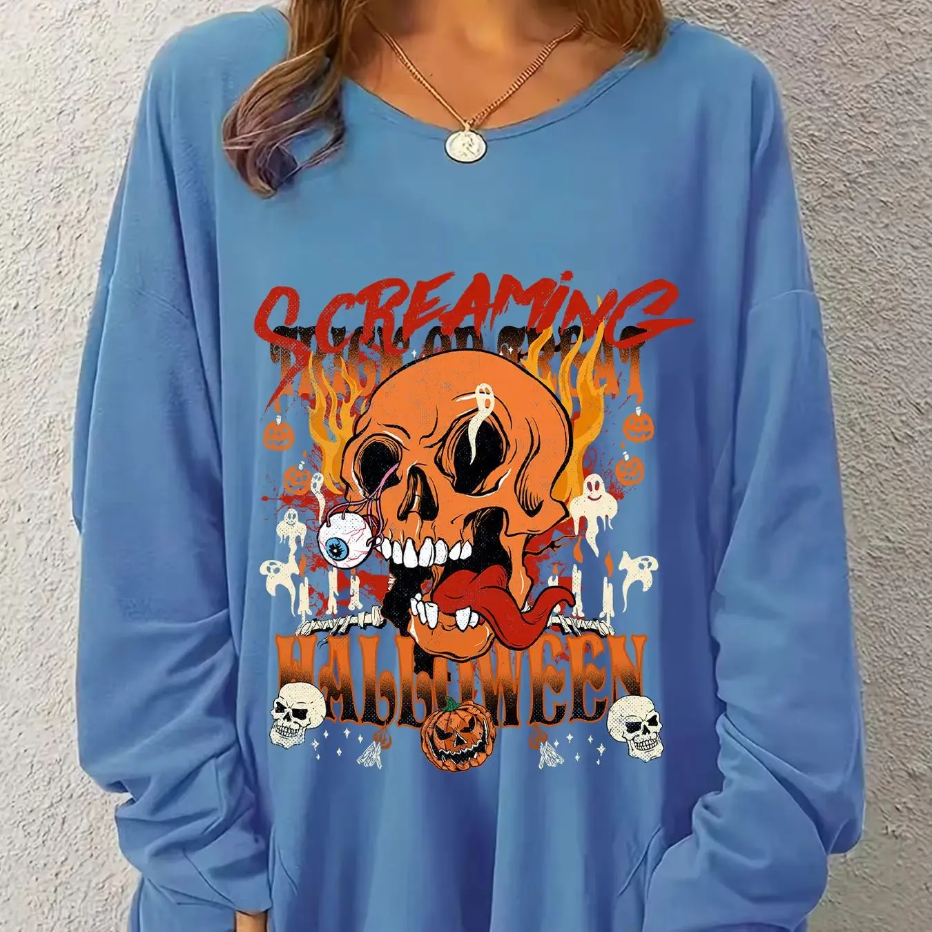 Fashionable plus size long sleeved round neck women's clothing, personalized and quirky skull flame print loose hoodie view 2