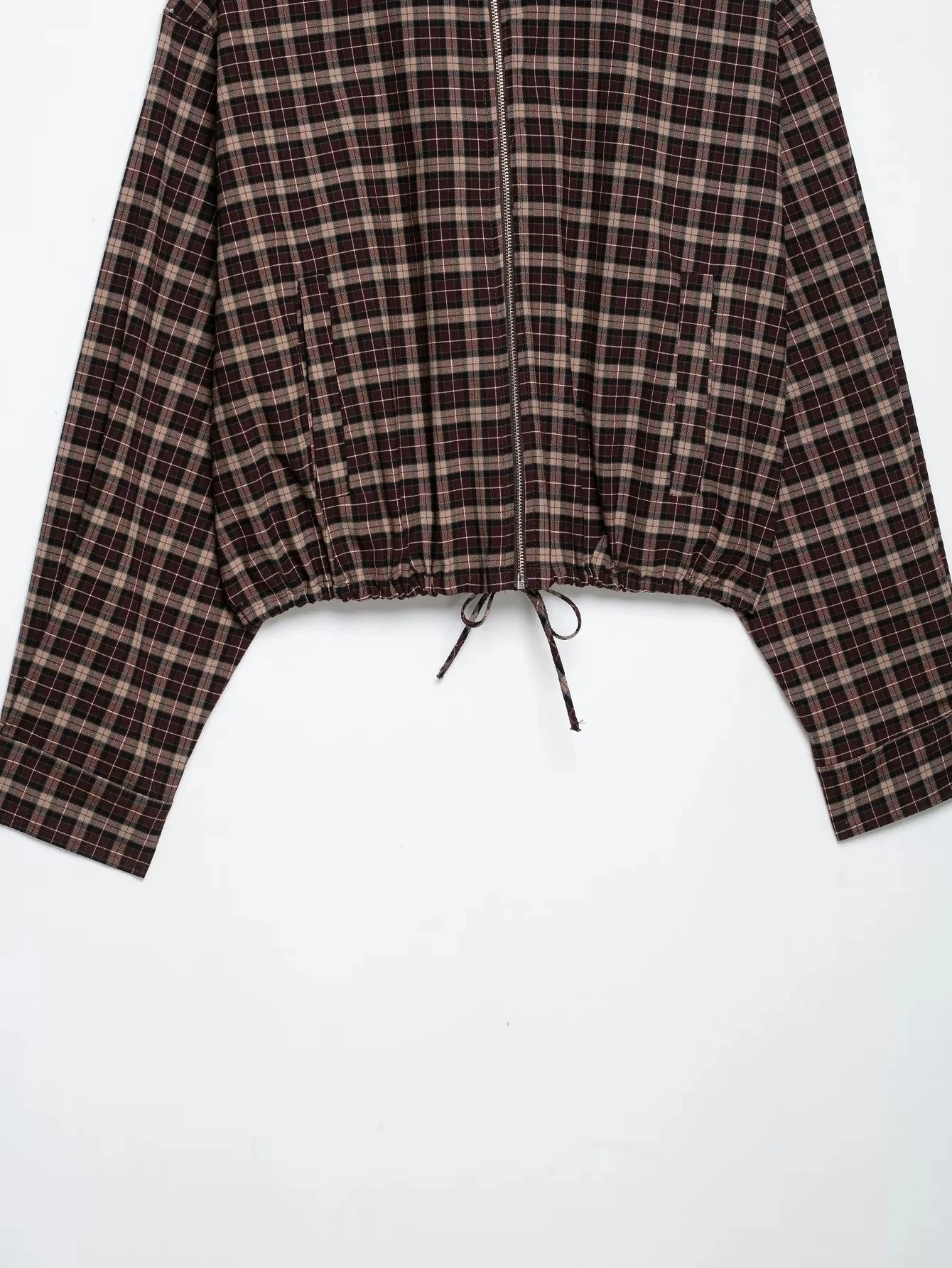 KONDALA Lässiger Chic Damenanzug, Karierter Stehkragen, Langarm, Reißverschluss, Kurzer Mantel, Faltenrock, Shorts, Mode 2026 Herbst-Urlaubsset – Detail 10