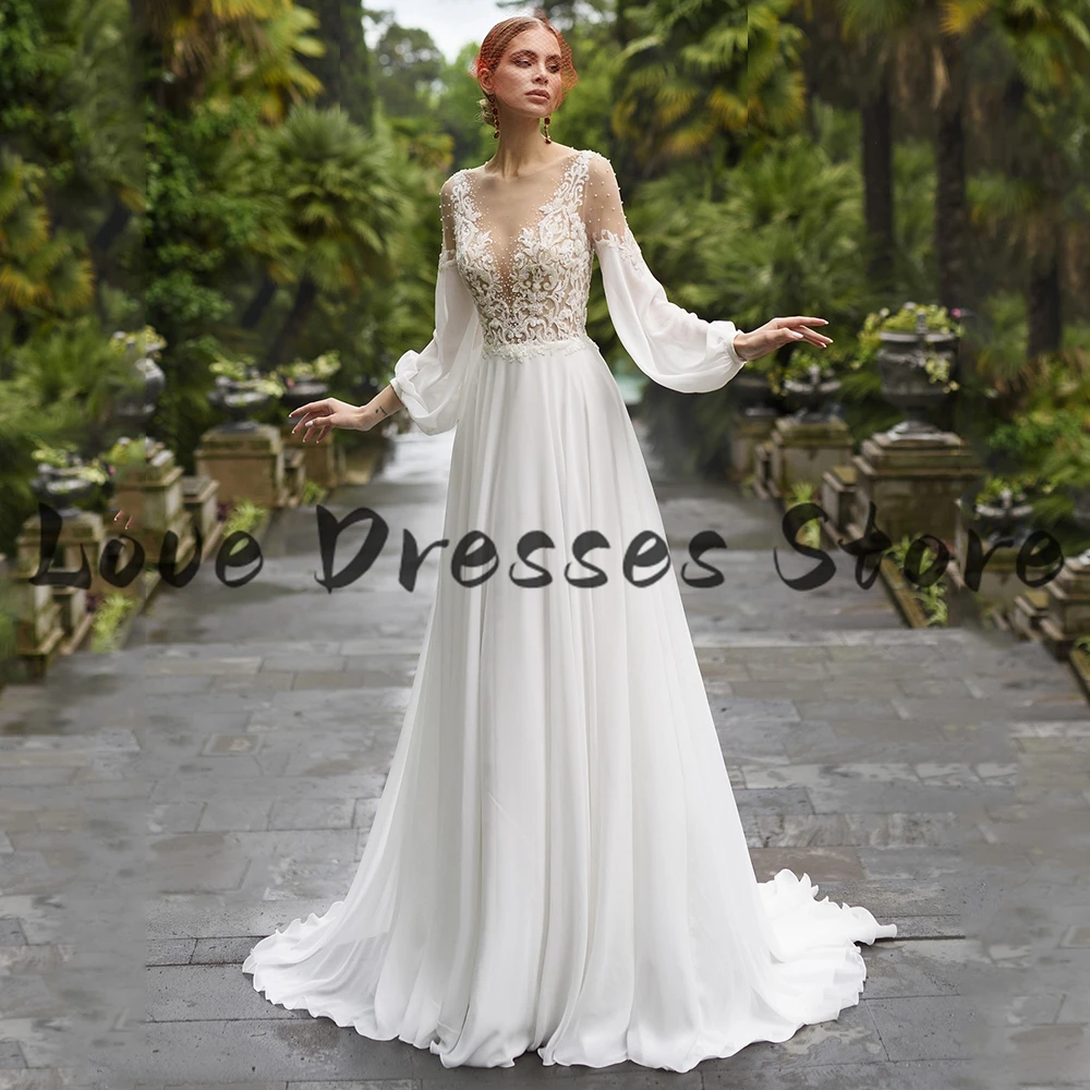 Welinsha Abito da sposa classico in chiffon a trapezio da donna Elegante illusione O-Collo Perle Manica lunga Applique Abiti da sposa Bottoni sul retro