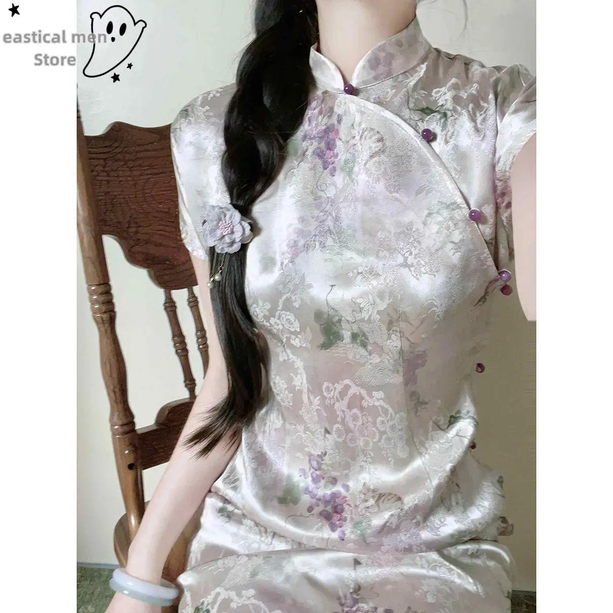 

Pink Floral Cheongsam Sexy Chinese New Style Dress Young Lady Streetwear Satin Qipao Improved Chinese Dress Party Vestidos