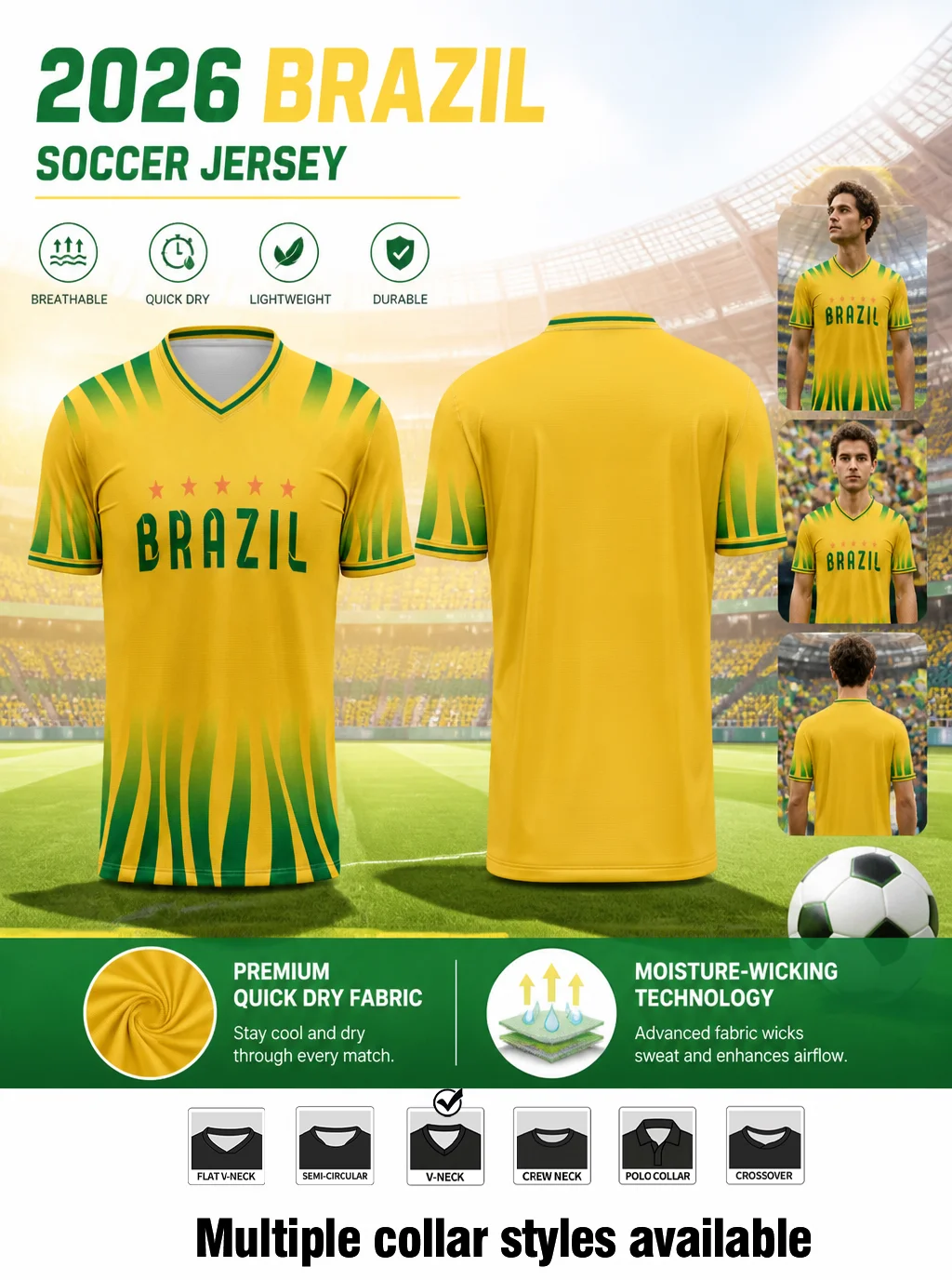 2026 Brazil soccer jersey with gradient‑green stripe print, premium moisture‑wicking fabric and six optional collar styles