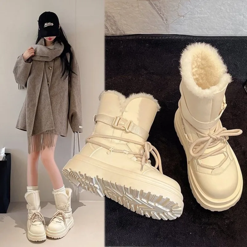 

2026 Winter Snow Boots Women Boots Fluffy Furry Fuzzy Faux Fur Boots Lace Up Middle Calf Platform Pink Black White Ski Boots New