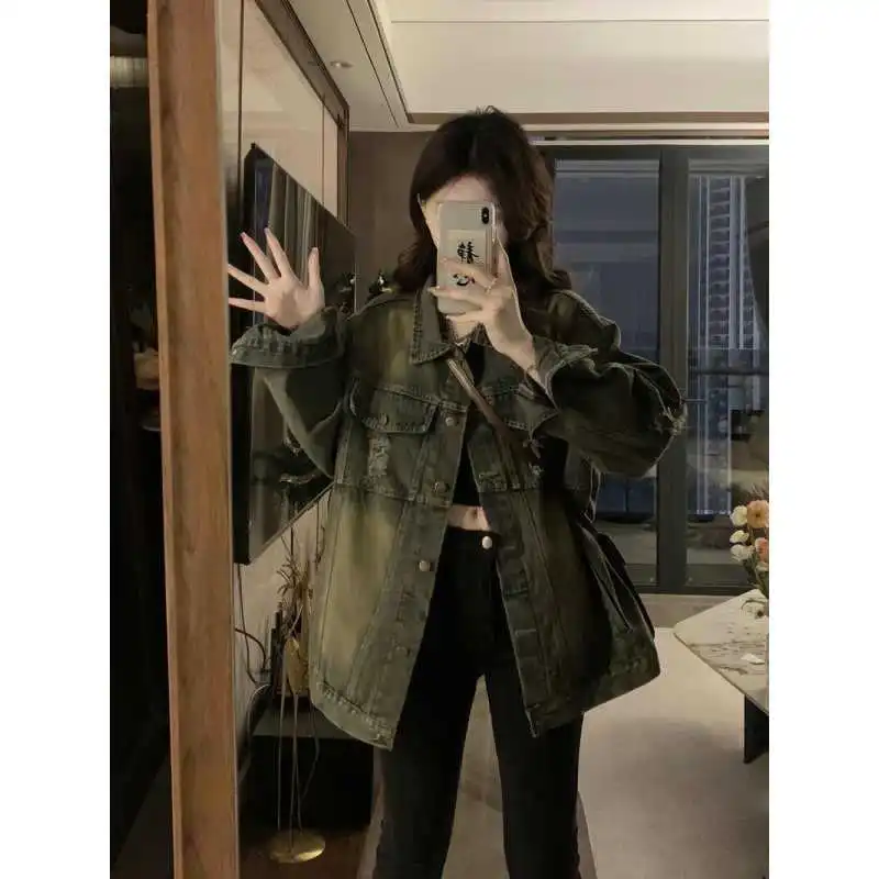 아메리칸 슬레 빈티지 찢어진 데님 재킷 여성용 루즈 슬림핏 봄 신상 스트리트 슬레 탑 면 100% 코트