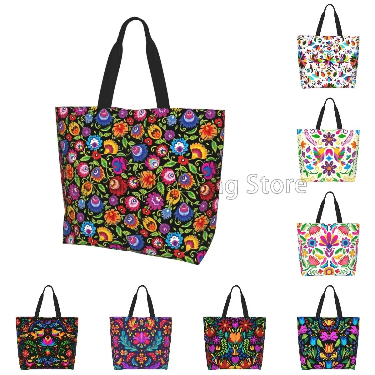 Mexican Ethnic Flowers Tote Bag Large Capacity Zipper Women Grocery Bags Purse Shopping Handbags Casual Travel Shoulder Bag