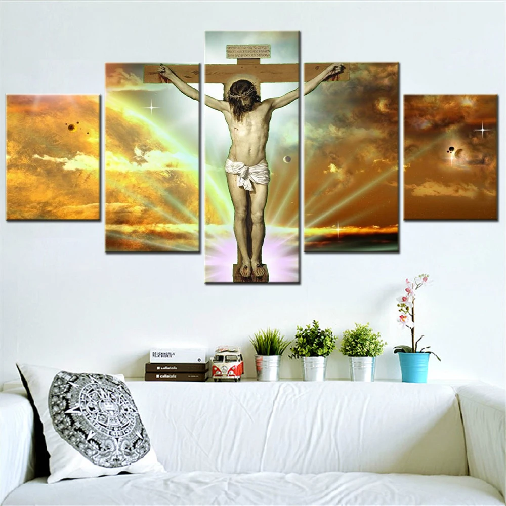 

5 Pieces Canvas Wall Arts Poster Painting Christianity Cross Jesus Wallpaper Home Decoration Living Room Picture Print Artwork