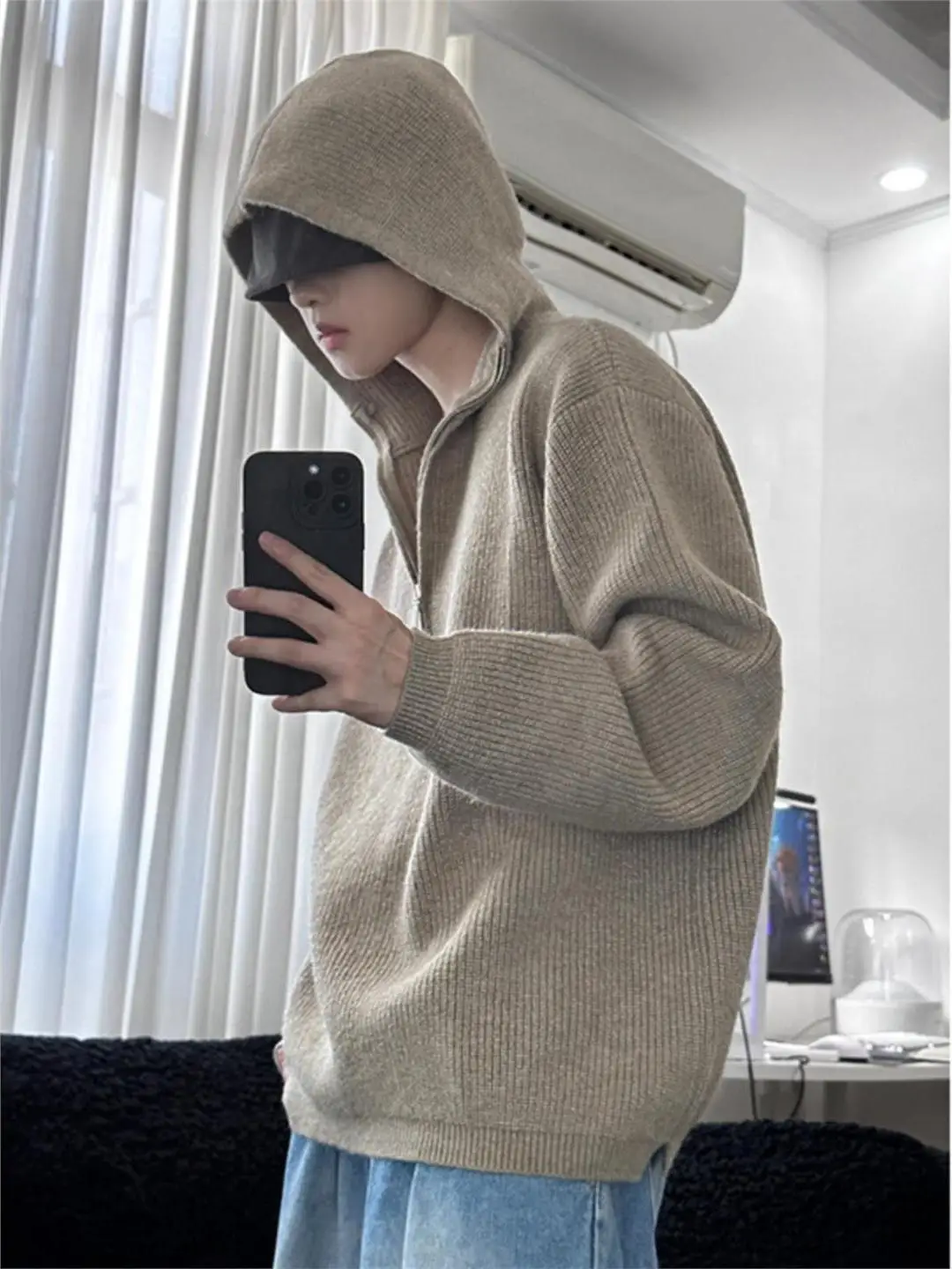 

American Sle Lazy Hoodie Knitted Sweater Men's Spring Autumn Loose Fit Zipper Overhead Coat Vintage High Street Sle