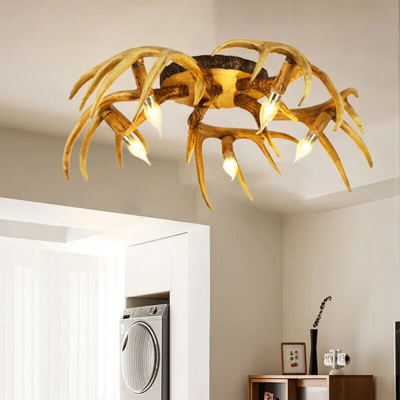 

American Retro Deer Horn Ceiling Light Industrial Style Decor Lighting Fixtures for Parlor Dining Room Bedroom Study Homestay