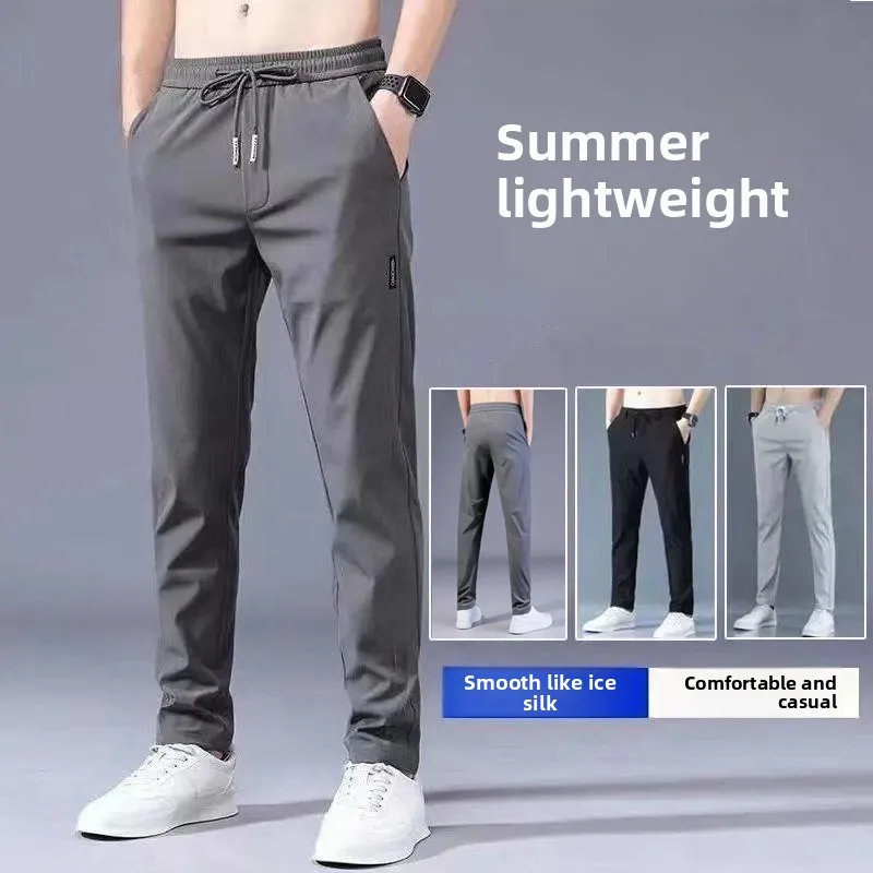 

Мужские повседневные прямые брюки из ледяного шелка, свободный крой, летние тонкие эластичные спортивные брюки, модные городские брюки базового цвета