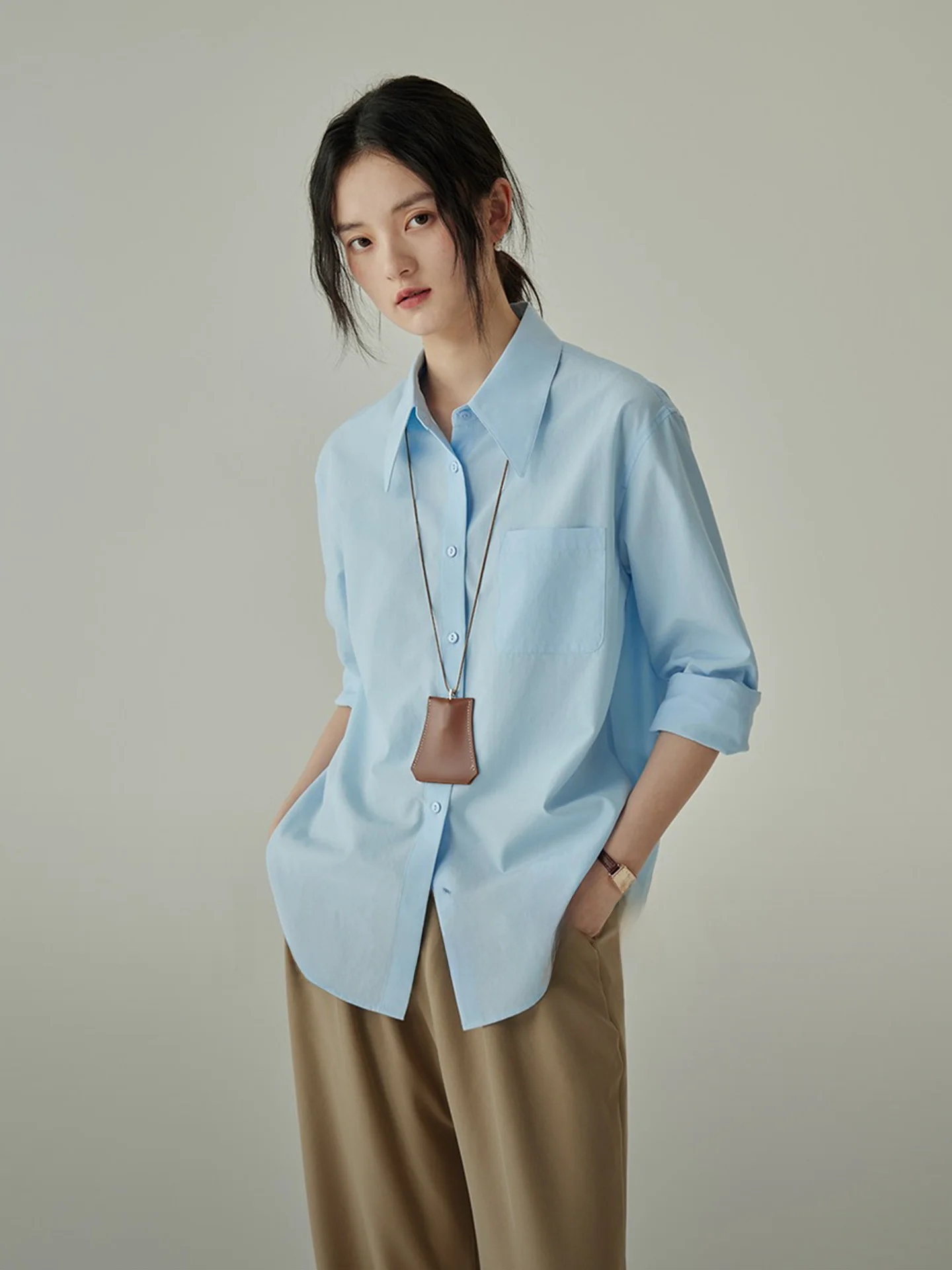 

Blue Casual Loose Long Sleeve Shirt Women Commute Cotton Polyester Blend Straight Cut French Style V Neck Shirt Aya Home Spring