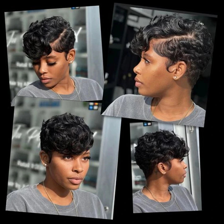 Pixie corte peruca para mulheres negras, encaracolado curto, frente de renda, perucas de cabelo humano, brasileiro, onda de dedo, 13x4, laço transparente, barato, venda